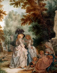 Walk in the park エレガントな若い女性が庭でリラックスしたひとときを過ごしている様子。ルイ・トリンクス（1746-1800）による水彩画 18世紀パリ、カルナヴァレ美術館