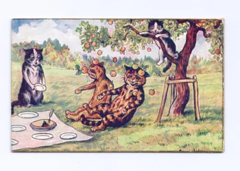 1880年頃のピクニックで2匹の猫に落ちるアップルのビクトリア朝のグリーティングカード