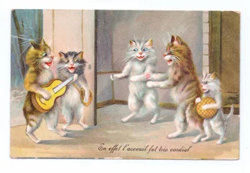 他の3匹の猫と子猫とギターを弾く猫のエドワード朝時代のポストカード、1910年頃