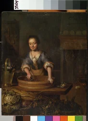 ""The cook"" (The cook) 田舎のキッチンでキャベツを準備している若い料理人。 Louis de Moni (1698-1771) の絵画 Mikalojus Konstantinas Ciurlionis Fine Arts Museum、カウナス、リトアニア