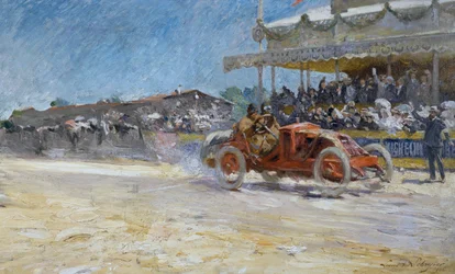Primeiro Grande Prêmio do Automobile Club de France em 1906, chegada do vencedor, Compiegne, França, pintura de Louis-Marie de Schryver (1862-1942)
