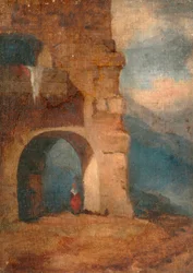 石造りのアーチの中のイタリアの農民、1880-1900年