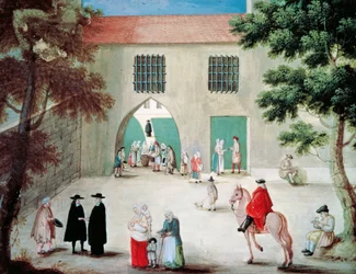 フランス、グワッシュ、ルイーズ・マグドレーヌ・オルテメル（1688-1767）作、ポール・ロワイヤル・デ・シャンプ修道院の前で貧しい人々を助ける