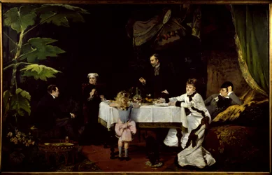 温室での朝食 ルイーズ・アベマ（1858-1927）の絵画 1877年 日。1,94x3,08 m ポー、美術博物館