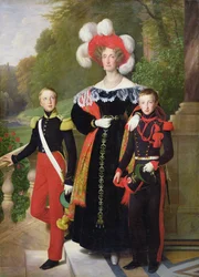ブルボン＝シチリア家のマリー・アメリー（1782-1866年）とその息子たち、オマール公アンリ・ドルレアン（1822-97年）およびモンパンシエ公アントワーヌ（1824-90年）、1835年