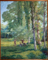 ポプラ並木の下の芝生の上のカップル ロイス・プラット（1879-1934）の絵画、20世紀。キャンバスに油彩。ドンゼール、市庁舎