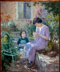 庭のマダム・プラットとその娘 ジョセフ・ロイス・プラット（1879-1934）の絵画 20世紀。ドンゼレの市長。