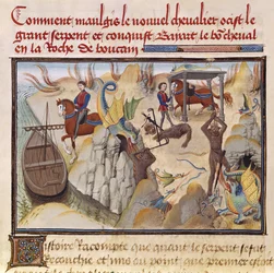 Ms 5072 fol.37vルギ・ド・モントーバンサイクルから蛇と戦い、魅惑の馬、ベヤードを手に入れるモーギス