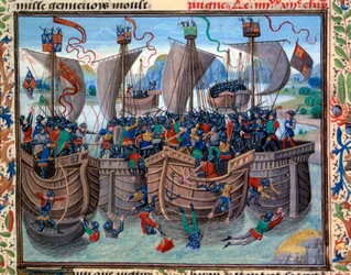 1342年、ロベール・アルトワとスペインのルイに対立するフランス人とイギリス人の間で行われたガーンジー島の戦いの様子 ロイセット・リーデ（1420-1479）がジャン・フロワサール（1337-1400）の年代記から描いたミニチュア 15世紀 パリ、B.N.