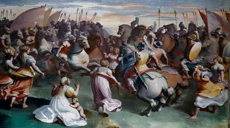 サビーネのレイプ（16世紀）、ルカ・カンビアソ作（1527-1585）、フレスコ画、ヴィラ・インペリアーレ、ジェノヴァ、リグーリア州、イタリア