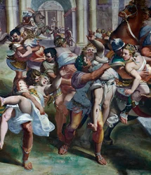 サビニの女たちの略奪（16世紀）、ルカ・カンビアーゾ（1527-1585）作、フレスコ画、ヴィラ・インペリアーレ、ジェノヴァ、リグーリア、イタリア、部分