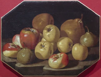 ルカ・フォルテ（1610-1670）の油彩画「りんごと梨のある静物」。