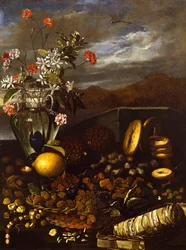 ドライ フルーツ、花、風景のある静物、ルカ フォルテ (1610-1670)