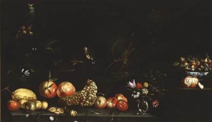 果物、花、鷹、金フィンチのある静物、1620-30