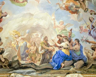 ルカ・ジョルダーノ（1634-1705）による鏡の回廊のフレスコ画「人間の誕生」（フレスコ画）、フィレンツェ、メディチ・リッカルディ宮殿蔵