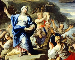 ルカ・ジョルダーノ（1634-1705）の「ミリアムの歌」からの踊りと歌の場面、銅に油彩