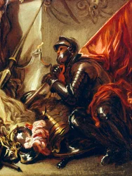 ルカ・ジョルダーノ（1634-1705）の『戦争の寓意』から、旗を持つ兵士の部分、油彩・キャンバス、61x50 cm