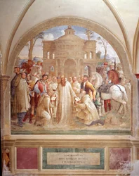 Benedict sends Maurus in France and Placid in Sicily (ベネディクトがフランスにマウルスを送り、シチリアにプラシッドを送る) ルカ・シニョレッリが作った回廊のフレスコ画には、ベネディクト修道会の創設者である聖ベネディクト・オブ・ヌルシー（480 - 567）の生涯が描かれている 1497年～。