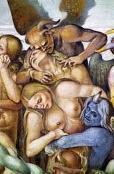 地獄の呪われた者たち」（「最後の審判」フレスコ画より、青鬼の姿をしたルカ・シニョレッリの自画像を含む部分
