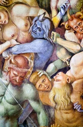 地獄の呪われた者たち」（「最後の審判」フレスコ画より、青鬼の姿をしたルカ・シニョレッリの自画像を含む部分