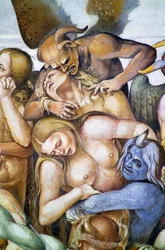 地獄の呪われた者たち」（「最後の審判」フレスコ画より、青鬼の姿をしたルカ・シニョレッリの自画像を含む部分