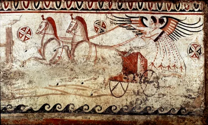 イタリア、パエストゥムのネクロポリスから出土した紀元前4世紀のビッケ・ルカニアンのフレスコ画に描かれた勝利の様子。パエストゥム国立考古学博物館蔵