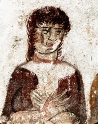 女性の肖像。紀元前4世紀のルカニアのフレスコ画、イタリア、パエストゥム遺跡の騎士の墓出土。パエストゥム、国立考古学博物館