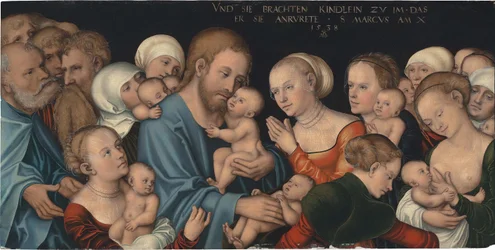 ドイツ語：Lasset die Kindlein zu mir kommen (Christus segnet die Kinder) Suffer the Little Children to come to me (キリストが子供たちを祝福する)