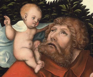 キリストの子供を運ぶ聖クリストファー（詳細）（パネルに油彩）