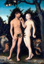 『楽園のアダムとイヴ』、ルーカス・クラーナハ（父）（1472-1553）による絵画、1531年、ベルリン国立美術館、ドイツ、©DeAgostini/Leemage