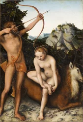 "アポロとディアナ" ルーカス・クラナッハ（1472-1553）の絵画 1530年頃 ぼんやり 45x31 cm ベルギー王立美術館（ブリュッセル