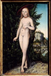 風景の中に立つヴィーナス。ルーカス・クラーナハ（父）（1472-1553）作、1529年、板に油彩、寸法0.38 x 0.25 m