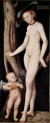ルーカス・クラナッハ(1472 - 1553)の「ヴィーナスとキューピッド（アフロディーテとエロス）」の絵