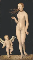 Venus et Cupidon - ヴィーナスとキューピッド』クラナッハ、ルーカス、ザ・エルダー（1472-1553）作。木に油彩。寸法：90x49.5cm。ストックホルム国立博物館