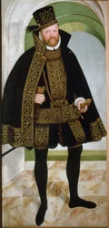 ザクセンの選帝侯アウグスト1世（敬虔な人）（1526-1586）の肖像」 絵画：ルーカス・クラナッハ（1515-1586） 1565年 日没。215x104 cm ウィーン美術史博物館