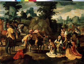 デビッドとアビゲイル（アビガエル、アビゲイル）。 ルーカス・ファン・ライデン (1489/94-1533) による絵画。 木に油彩。 ルネッサンス ロー カントリー アート。 西洋と東洋の美術館、オデッサ (ウクライナ)
