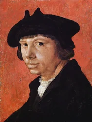自画像 - Peinture de Lucas van Leyden (1489/94-1533) (Lucas de Leyde, Lucas Huighensz ou Lucas Jacobsz) - 1525-1526 - 木に油彩 - 28.9x21.4 cm - Herzog Anton Ulrich Museum、ブラウンシュヴァイク