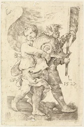 ヘルメットと標準を持った二人の少年、1527年。