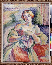 ピンクとブルーの若いエレガントな服を着た女性 デヌーディーの肩を持つ。 ルーシー・クスチュリエ (1870-1925) による絵画 1908 薄暗い。 93x73 cm 必須の言及: コレクション財団は、マルセイユのプロヴァンスを尊重します