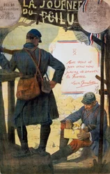 本国から送られてきたケア・パケットに目を通す2人のフランス兵。
