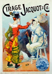 ジャコ ポリッシュの広告。 2 つのピエロが磨き上げます。 ルシアン・ルフェーブル (1850-?) による素描。 1894年パリ。 Arts Decoratifs - ワックス Jacquot の広告: 靴磨きで化粧をする 2 人のピエロ、Lucien Lefevre 作