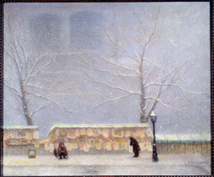 雪の降る中、左岸から見たノートルダム寺院（油彩・キャンバス）