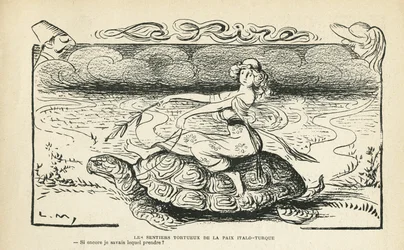 05/10/12付Le Rire紙に掲載されたイラスト - The tortuous paths of peace Italo turkish - 戦争, トルコ, イタリア, 平和 - 亀 - アニメーション, 寓話 (彫刻)