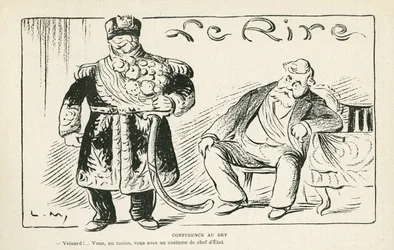 Le Rire紙27/07/12のイラスト - ベイへの信頼 - 植民地化 - Fallieres Armand (1813-1941), Naceur Bey (Mohamed el-Naceur Bey) (1855-1922) (エングレービング)