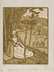鹿のいる木の下に座っている少女たち リュシアン・ピサロの木版画 1880年から1940年頃
