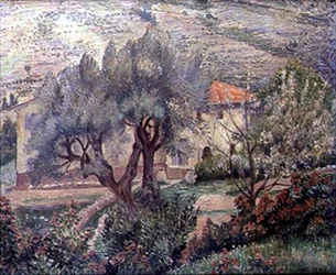 オロビダの風景、桜の木」（油彩・キャンバス）