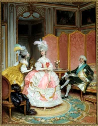 売春のこと"The pretty courtesan" 18世紀のプライベートサロンで、仲人を介して紳士に紹介された若い女性。ルシウス・ロッシ（1846-1913）による絵画