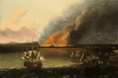遠くに火が見える海景 1667年