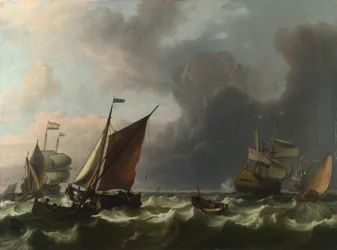 1683年、エンクホイゼン沖の爽やかなそよ風の中のオランダの戦士と小型船
