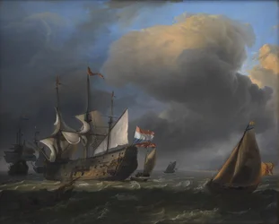 オランダ軍兵士と漁船のある海の風景
